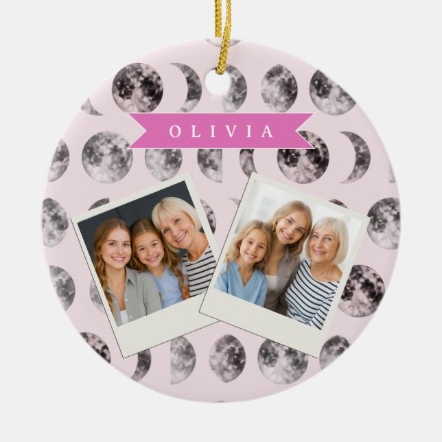 Personalised Pink Moon Phase Celestial Name Gift Ceramic Tree Decoration (Front)