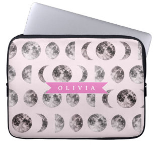 Personalised Pink Moon Phase Celestial Name Gift Laptop Sleeve