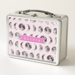 Personalised Pink Moon Phase Celestial Name Gift Metal Lunch Box
