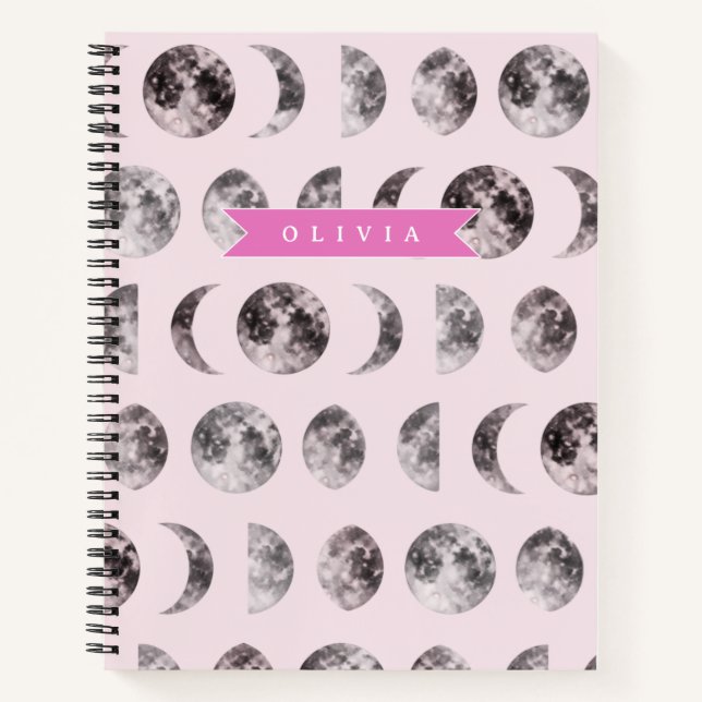 Personalised Pink Moon Phase Celestial Name Gift Notebook (Front)