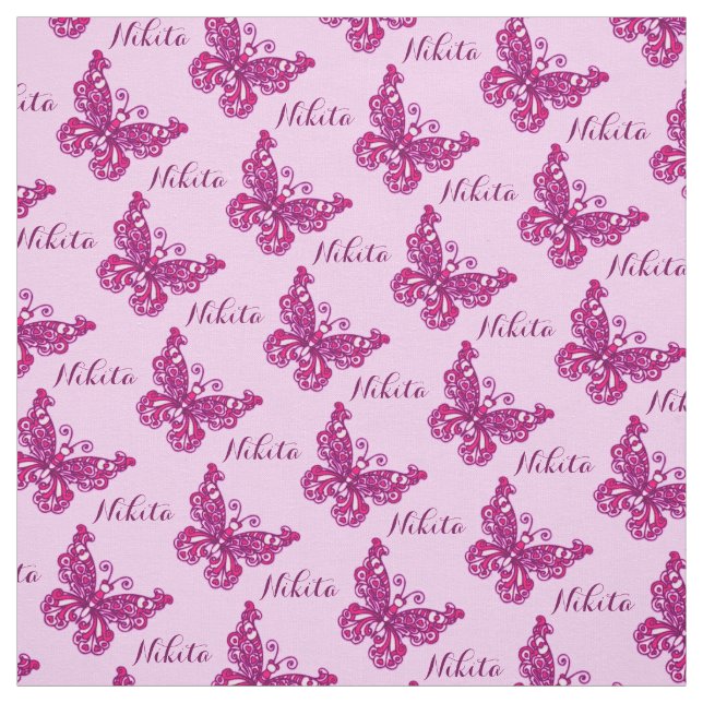 Personalised pink name butterfly stylised pattern fabric (Swatch)