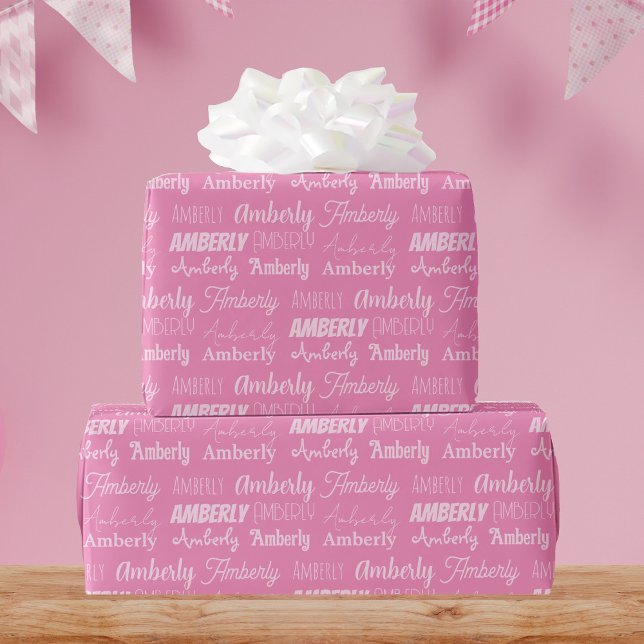 Personalised Pink Name Cute Fonts Collage Birthday Wrapping Paper (Creator Uploaded)