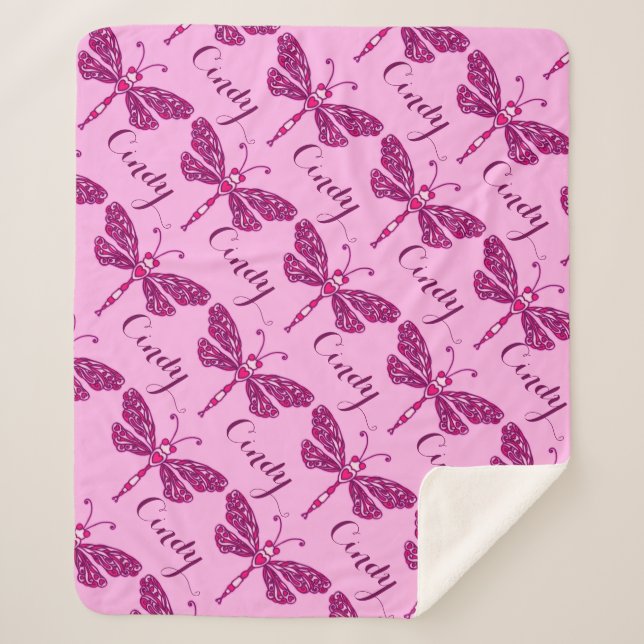 Personalised pink name dragonfly pattern blanket (Front)