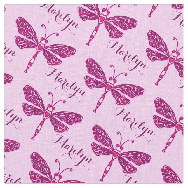 Personalised pink name dragonfly stylised pattern fabric (Close Up)