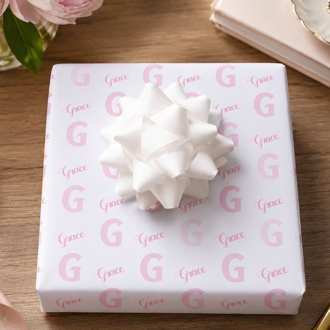 Personalised Pink Name Initial Wrapping Paper Sheet (Pink Monogram Wrapping Paper)