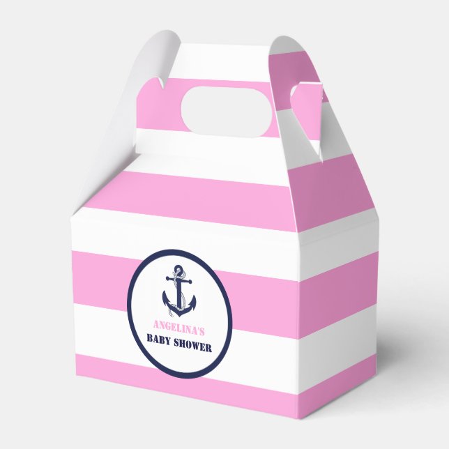 Personalised Pink/Navy Girl Nautical Baby Shower Favour Box (Front Side)