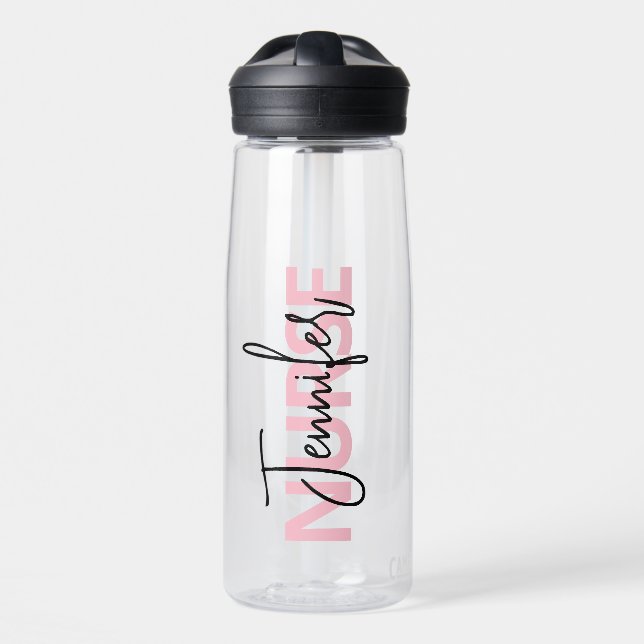 Personalised Pink Nurse Typography Water Bottle (Front)