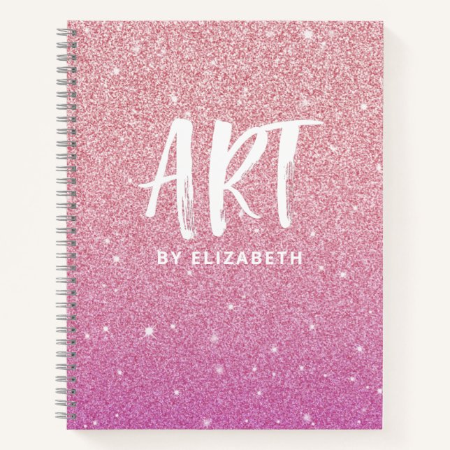 Personalised Pink Ombre Glitter Sketchbook Notebook (Front)