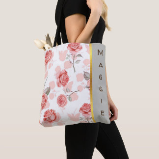 Personalised Pink on White Rose Design Tote Bag