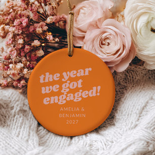 Personalised Pink Orange First Christmas Engaged Ceramic Tree Decoration