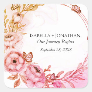 Personalised Pink Orange Flowers Floral Butterfly Square Sticker