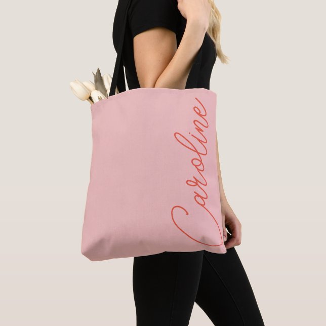 Personalised Pink Orange Simple Script Typography Tote Bag (Close Up)