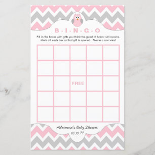 Personalised Pink owl girl baby shower games bingo