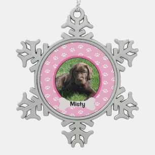 Personalised Pink Paw Print Dog Puppy Bone Photo Snowflake Pewter Christmas Ornament