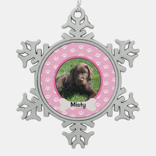 Personalised Pink Paw Print Dog Puppy Bone Photo Snowflake Pewter Christmas Ornament (Front)