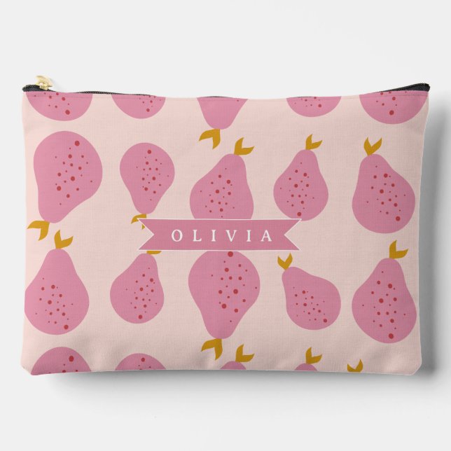 Personalised Pink Pear Pattern Cute Girly Fruit Accessory Pouch (Front)