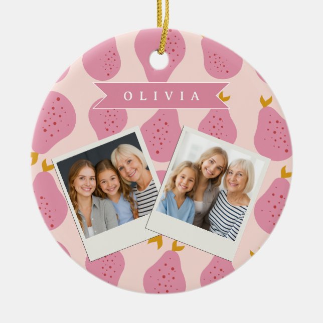 Personalised Pink Pear Pattern Cute Girly Fruit Ceramic Tree Decoration (Front)
