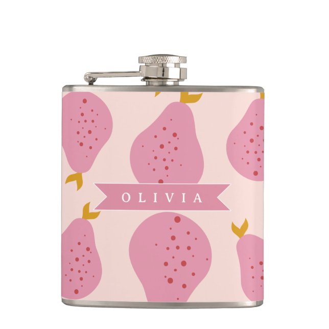 Personalised Pink Pear Pattern Cute Girly Fruit Hip Flask (Front)