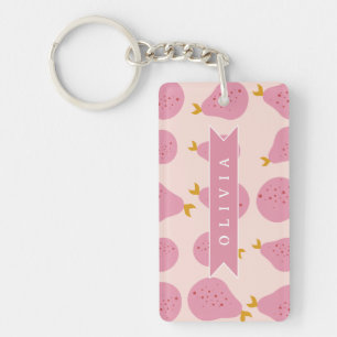 Personalised Pink Pear Pattern Cute Girly Fruit Key Ring