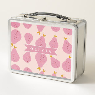 Personalised Pink Pear Pattern Cute Girly Fruit Metal Lunch Box