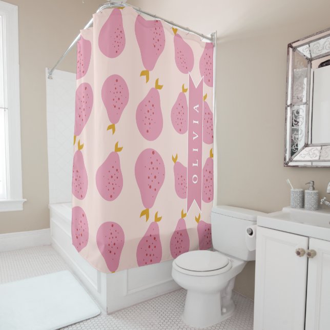 Personalised Pink Pear Pattern Cute Girly Fruit Shower Curtain (In Situ)