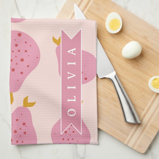 Personalised Pink Pear Pattern Cute Girly Fruit Tea Towel (Quarter Fold)