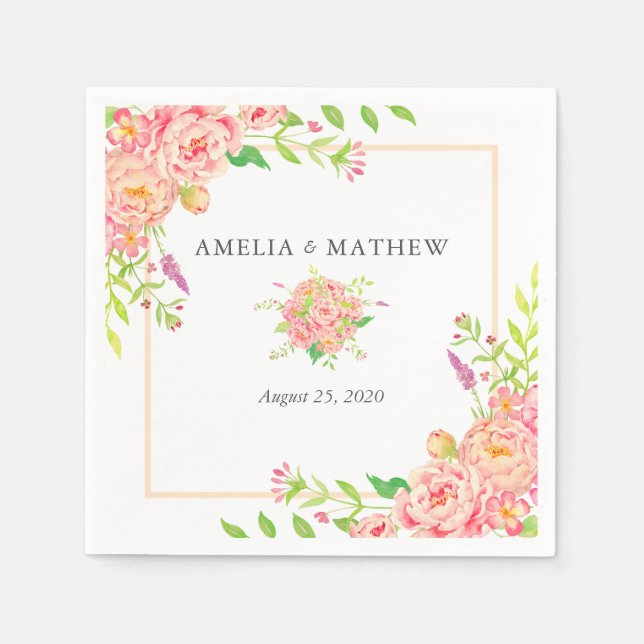 Personalised Pink Peony Wedding Napkin (Front)