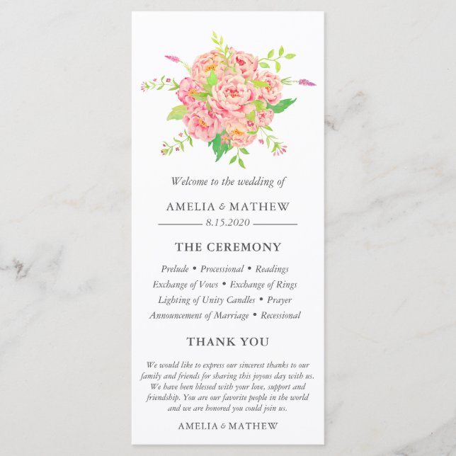 Personalised Pink Peony Wedding Programme (Front)