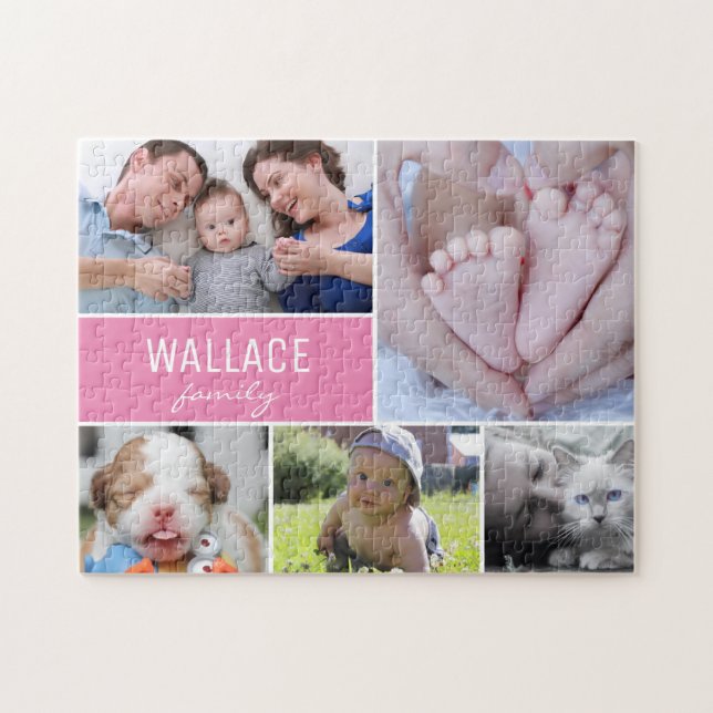 Personalised Pink Photo Collage Family Jigsaw Puzzle (Horizontal)