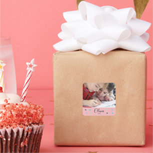 Personalised Pink Photo Name and Date Gift Square Sticker