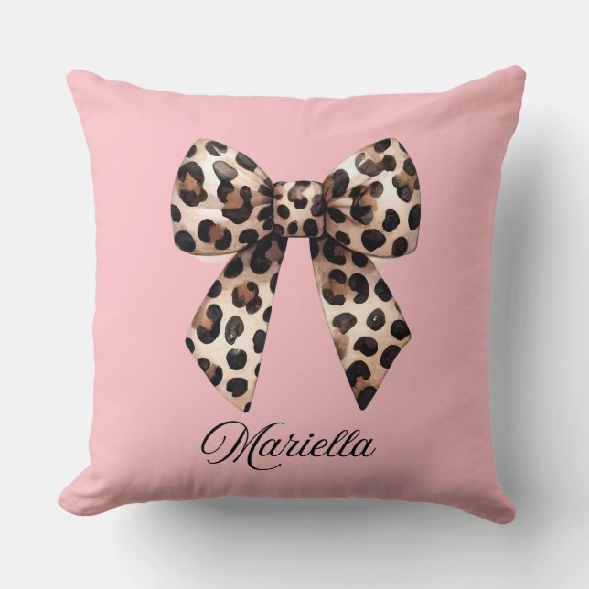 Personalised Pink Pillow with Leopard Bow  (Front)