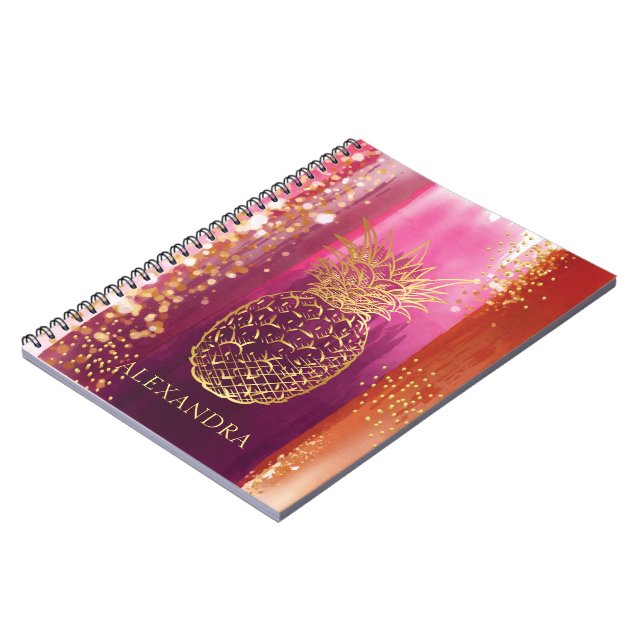 Personalised Pink Pineapple Gold Glitter Notebook (Left Side)