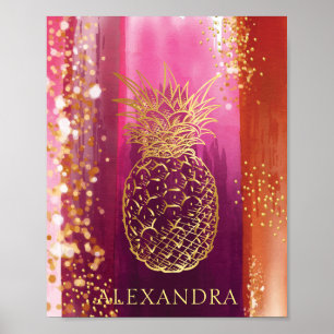 Personalised Pink Pineapple Gold Glitter Poster
