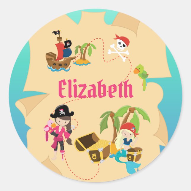 Personalised Pink Pirate Girl Treasure Map Classic Round Sticker (Front)