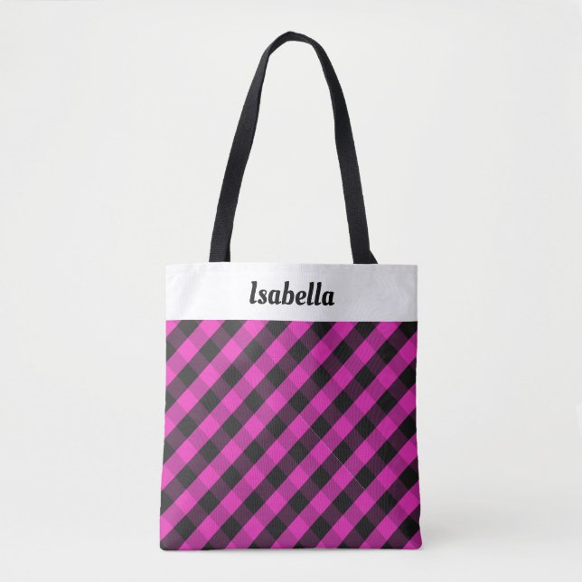 Personalised Pink Plaid Buffalo Check Patterned Tote Bag (Front)