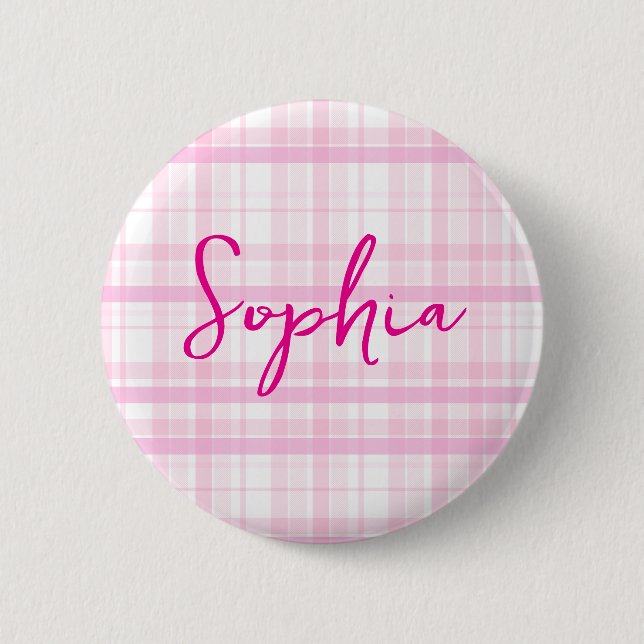Personalised Pink Plaid button  with Name  (Front)