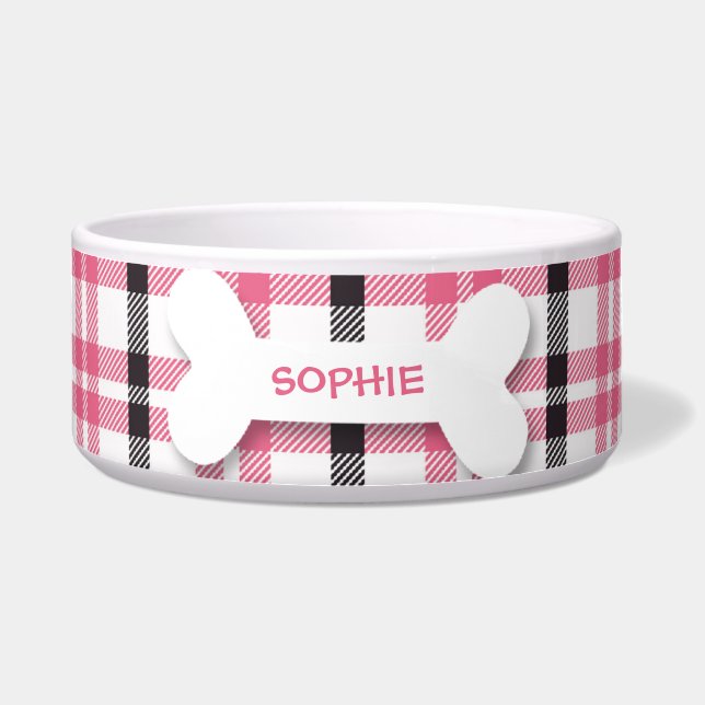 Personalised pink plaid dog bone pet food bowl (Front)