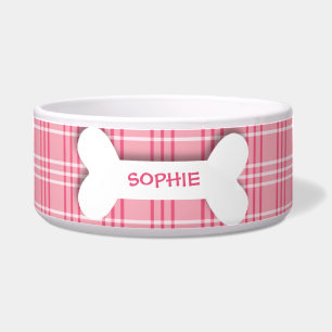 Personalised pink plaid dog bone pet food bowl