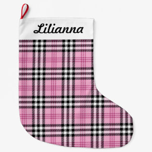 Personalised Pink Plaid Large Christmas Stocking