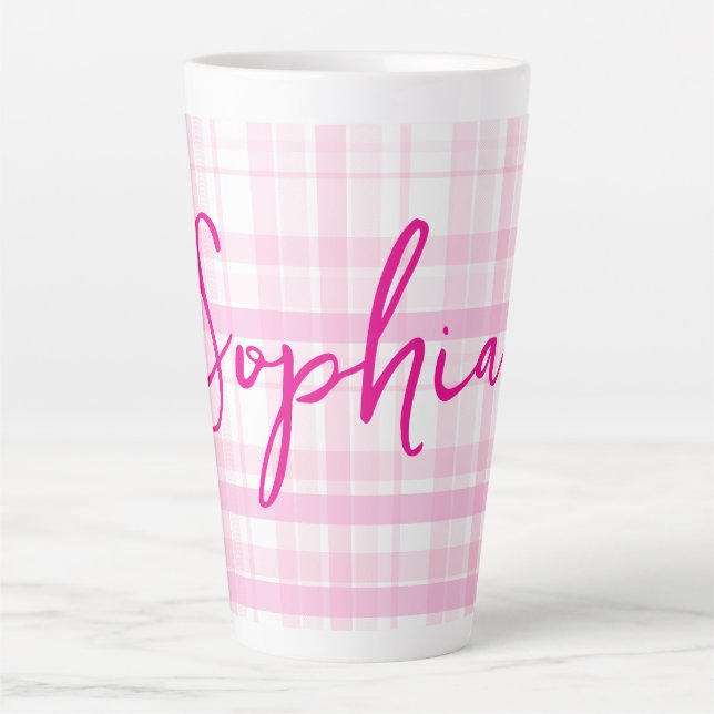 Personalised Pink Plaid Latte Mug with Name  (Front)