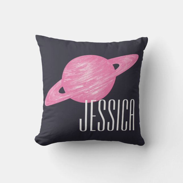 Personalised Pink Planet Hand-Drawn Saturn Navy Cushion (Front)