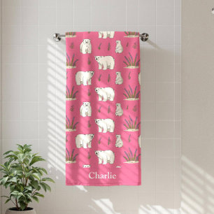 Personalised Pink Polar Bear Kids Beach Towel