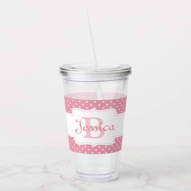Personalised Pink Polka Dot Acrylic Tumbler (Left)