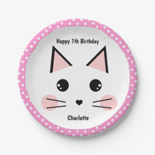 Personalised Pink Polka Dot Kitty Cat Paper Plate