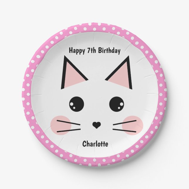 Personalised Pink Polka Dot Kitty Cat Paper Plate (Front)