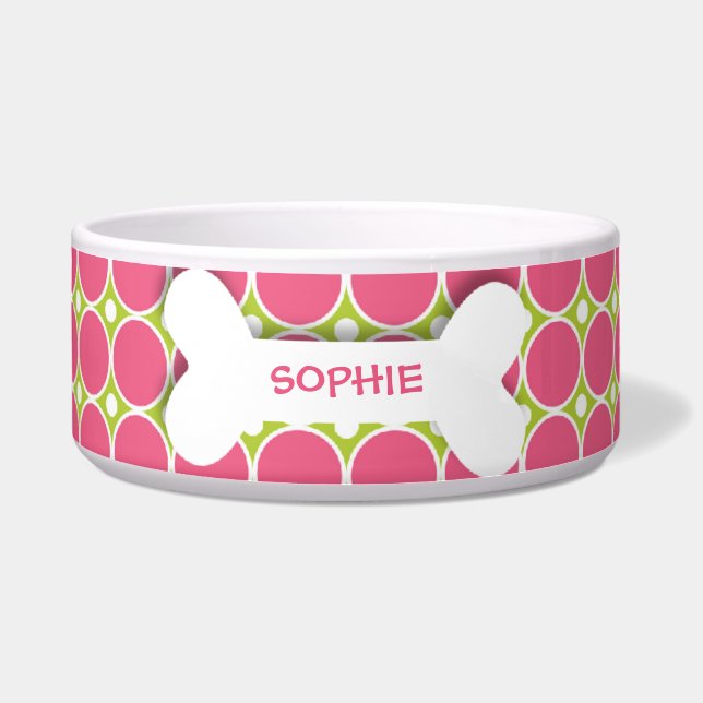 Personalised pink polkadots dog bone pet food bowl (Front)