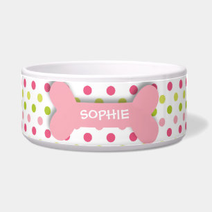 Personalised pink polkadots dog bone pet food bowl