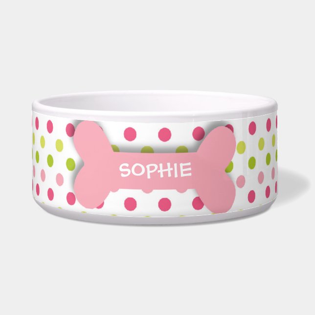 Personalised pink polkadots dog bone pet food bowl (Front)