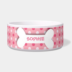 Personalised pink polkadots dog bone pet food bowl