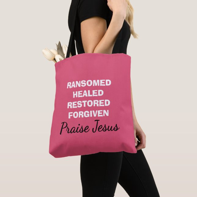 Personalised Pink PRAISE JESUS Christian Tote Bag (Close Up)